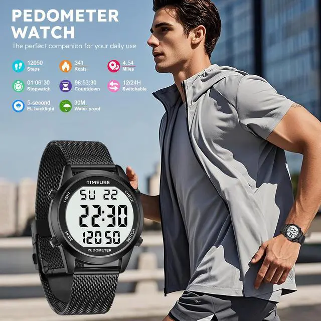 Alt view image 2 of 6 - Men's Pedometer Watch with Stainless Steel Bracelet, Step Counter Watch, No App, No Charging Needed for Outdoor Walking, Calorie, Distance, Alarm, Countdown Timer TU-2306B