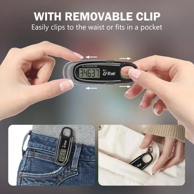 Alt view image 6 of 7 - 3D Pedometer for Walking with Removable Clip and Carabiner Simple Step Counter for Walking Accurate Clip On Step Tracker for Men Women Kids (Black)