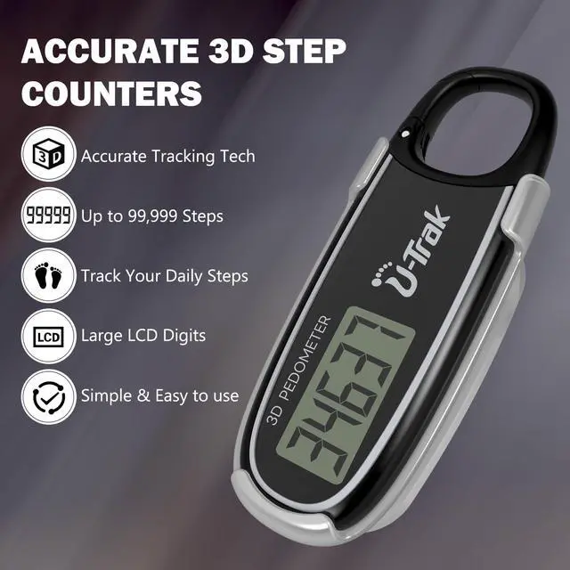 Alt view image 3 of 7 - 3D Pedometer for Walking with Removable Clip and Carabiner Simple Step Counter for Walking Accurate Clip On Step Tracker for Men Women Kids (Black)