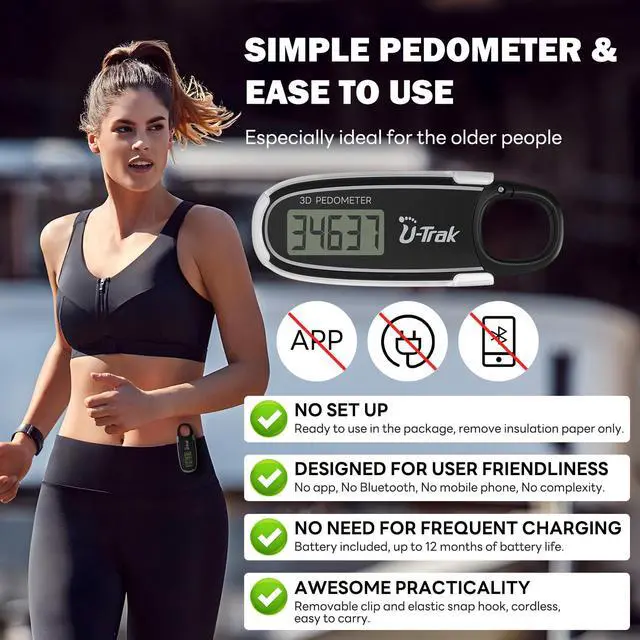 Alt view image 2 of 7 - 3D Pedometer for Walking with Removable Clip and Carabiner Simple Step Counter for Walking Accurate Clip On Step Tracker for Men Women Kids (Black)
