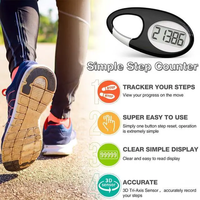 Alt view image 2 of 7 - Simple 3D Step Counter, Walking Pedometer, Steps Tracker with Neck Lanyard/Carabiner for Men Women Teens Adults Seniors (Black)