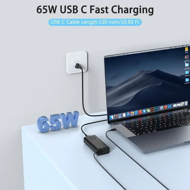 Alt view image 2 of 7 - 65W USB C Laptop Charger Compatible with Dell Latitude 5420 5520 5540 7420 7490 5550 7450 XPS 15 13 12 9250 9360 in spiron 16 14 13 7620 2 in 1 7425 Chromebook 3100 3110 3400 Computer Power Cord