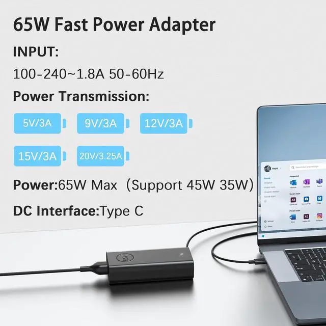 Alt view image 3 of 7 - 65W USB C Laptop Charger Compatible with Dell Latitude 5420 5520 5540 7420 7490 5550 7450 XPS 15 13 12 9250 9360 in spiron 16 14 13 7620 2 in 1 7425 Chromebook 3100 3110 3400 Computer Power Cord