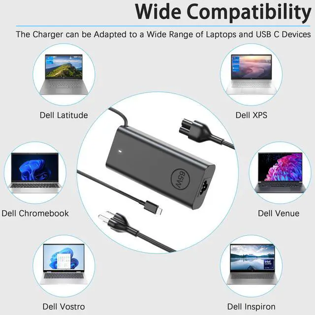 Alt view image 6 of 7 - 65W USB C Laptop Charger Compatible with Dell Latitude 5420 5520 5540 7420 7490 5550 7450 XPS 15 13 12 9250 9360 in spiron 16 14 13 7620 2 in 1 7425 Chromebook 3100 3110 3400 Computer Power Cord