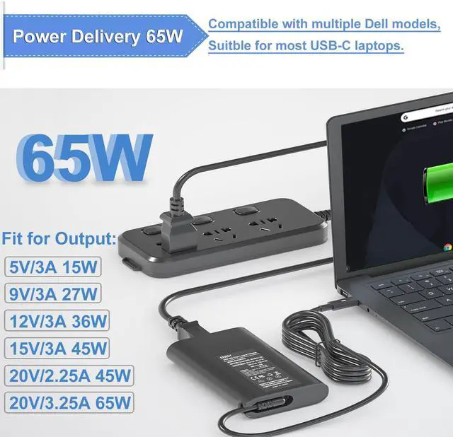 Alt view image 2 of 5 - 65W USB-C Charger fit for Dell Latitude 3420 3540 5550 5520 5420 5430 5440 5340 5320 5630 5640 7440 7430 7420 7410 7370 7390 2-in-1, Dell XPS 13 9350 Type-C Adapter