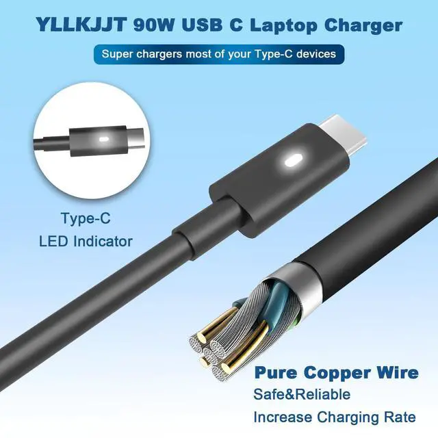 Alt view image 3 of 6 - 90W USB Type C Laptop Charger Compatible with Dell Latitude/Precision/XPS/Chromebook, Latitude 5530 5540 7430 7440 5430 3540 Precision 3470 3570 5770 90 Watt USBC-C AC Power Adapter Cord