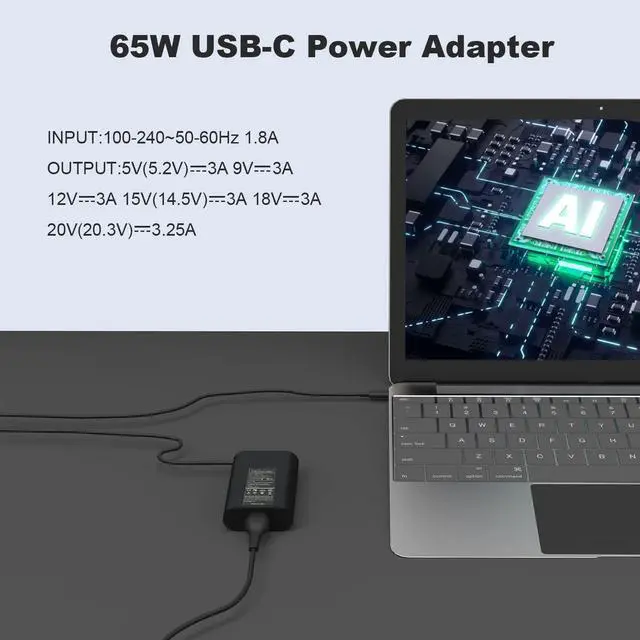 Alt view image 5 of 5 - 65W 45W USB Type C Laptop Charger Compatible with Dell Latitude 5520 5420 7400 7420 7370 5289 5290 5285 7275 XPS 13 9360 9365 9380 LA65NM170 02YK0F Chromebook 3100 3400 AC Adapter Power Cord