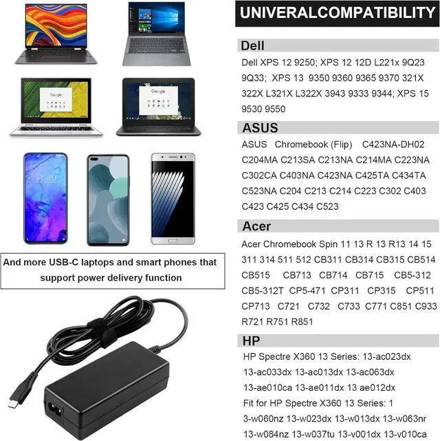 Alt view image 6 of 7 - Universal Chromebook Charger 65W USB-C Charger Type C Port Adapter, for Thinkpad/Yoga, Dell, Chromebook 3100, Latitude 5420, Acer, Google Series Type C Chromebook Charger Fast Charging