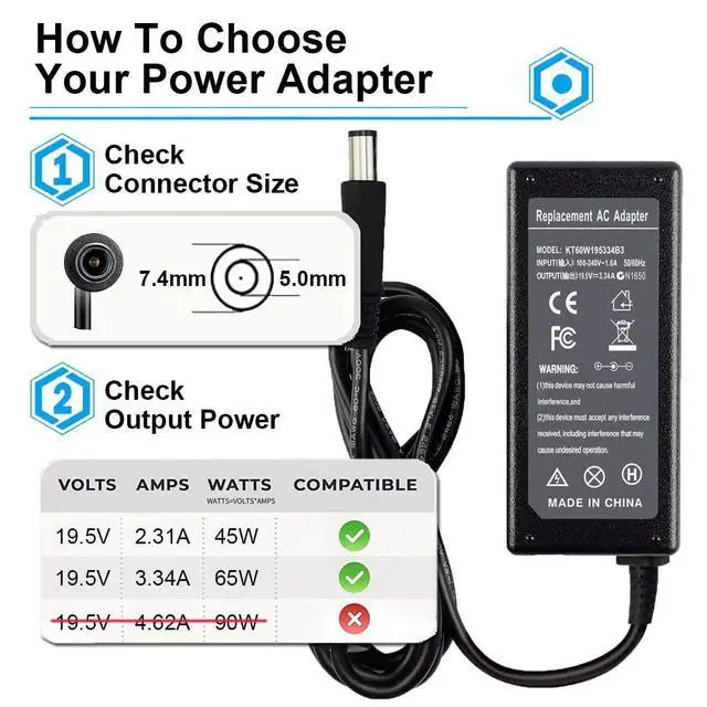 Alt view image 3 of 7 - 19.5V 3.34A 65W PA-12 AC Adapter Charger for Dell Latitude 5400 7490 7400 7480 5500 3190 E5470 E7450 E6430 5480 Inspiron M5030 M5040 N4010 N4030 N5010 N5050 Power Supply Cord(7.4 * 5mm Tip)