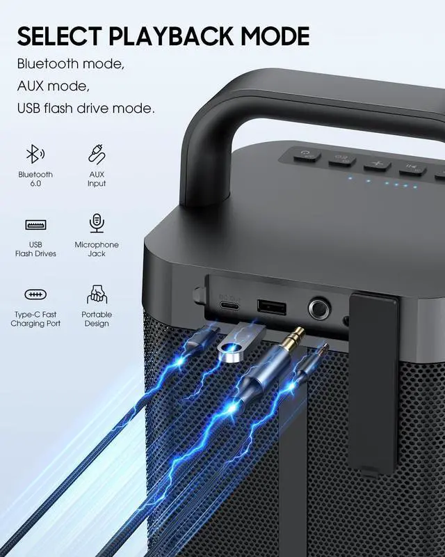 Alt view image 5 of 7 - Portable Bluetooth Speaker with Deep Bass,150W Peak, IPX6 Waterproof Outdoor Speaker with 12H Playtime,Power Bank Function, Party Speaker with USB/AUX/Mic Inputs, Speakers for Home,Beach&Travel