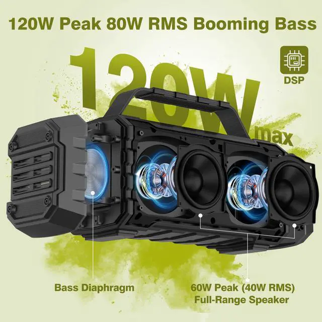 Alt view image 2 of 7 - Bluetooth Speaker 120W Peak 80W Portable Wireless Hi-Fi Loud Outdoor IPX6 Waterproof Big Party Speakers with Deep Bass, TWS Pairing, DSP Sound Boombox for Home Camping Beach