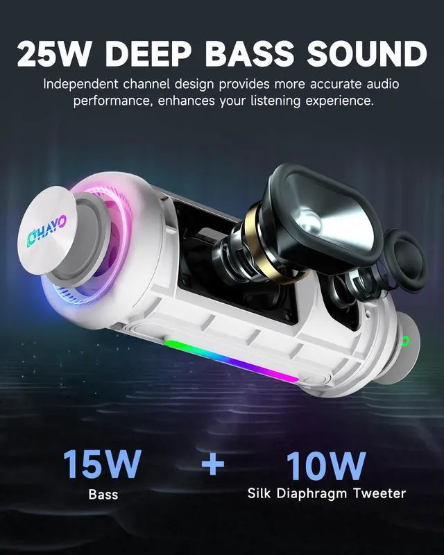 Alt view image 2 of 7 - Bluetooth Speaker, Portable Wireless, IPX7 Waterproof, Powerful 25W Sound, 24H Playtime, Dual Pairing, Active Bass, Colorful Lights, Bluetooth 5.3, Outdoor Speakers for Home/Party/Beach, White