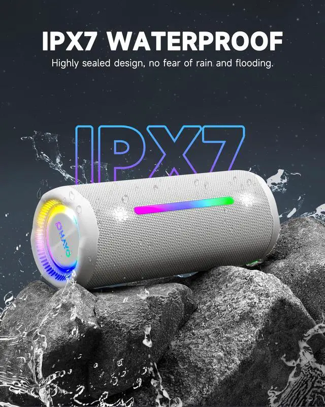 Alt view image 4 of 7 - Bluetooth Speaker, Portable Wireless, IPX7 Waterproof, Powerful 25W Sound, 24H Playtime, Dual Pairing, Active Bass, Colorful Lights, Bluetooth 5.3, Outdoor Speakers for Home/Party/Beach, White