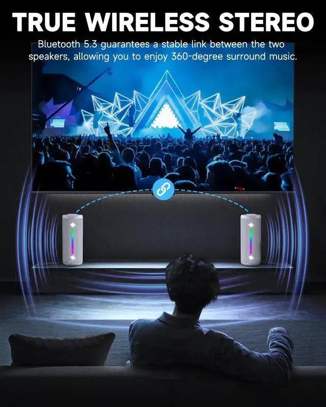 Alt view image 6 of 7 - Bluetooth Speaker, Portable Wireless, IPX7 Waterproof, Powerful 25W Sound, 24H Playtime, Dual Pairing, Active Bass, Colorful Lights, Bluetooth 5.3, Outdoor Speakers for Home/Party/Beach, White