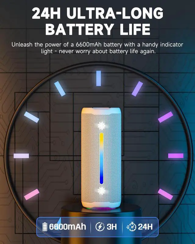 Alt view image 5 of 7 - Bluetooth Speaker, Portable Wireless, IPX7 Waterproof, Powerful 25W Sound, 24H Playtime, Dual Pairing, Active Bass, Colorful Lights, Bluetooth 5.3, Outdoor Speakers for Home/Party/Beach, White