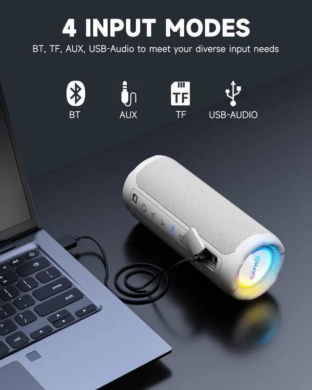 Alt view image 7 of 7 - Bluetooth Speaker, Portable Wireless, IPX7 Waterproof, Powerful 25W Sound, 24H Playtime, Dual Pairing, Active Bass, Colorful Lights, Bluetooth 5.3, Outdoor Speakers for Home/Party/Beach, White