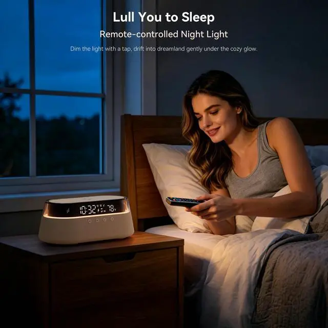 Alt view image 7 of 7 - 6-in-1 Bluetooth Speaker Alarm Clock with Remote, 15W Fast Wireless Charger, FM Radio & Dimmable LED Night Light, Dual Digital Clock for Bedroom Home Office, Ideal Gifts for Him, Men Women