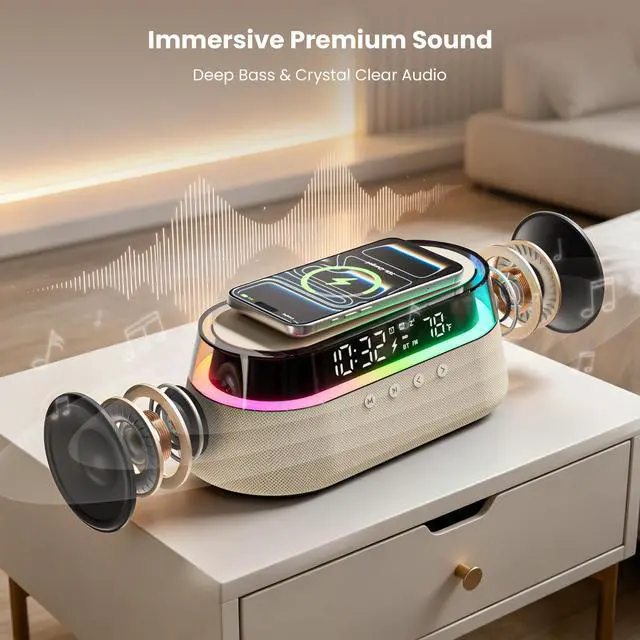 Alt view image 2 of 7 - 6-in-1 Bluetooth Speaker Alarm Clock with Remote, 15W Fast Wireless Charger, FM Radio & Dimmable LED Night Light, Dual Digital Clock for Bedroom Home Office, Ideal Gifts for Him, Men Women