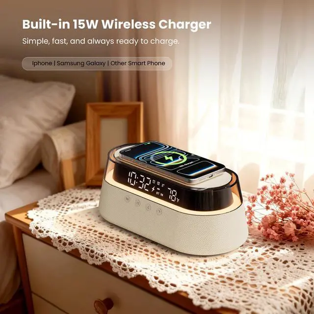 Alt view image 6 of 7 - 6-in-1 Bluetooth Speaker Alarm Clock with Remote, 15W Fast Wireless Charger, FM Radio & Dimmable LED Night Light, Dual Digital Clock for Bedroom Home Office, Ideal Gifts for Him, Men Women