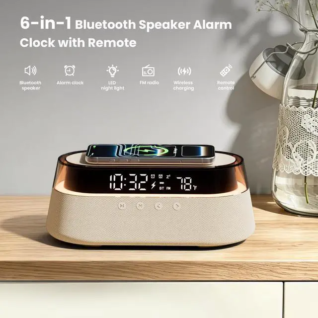 Alt view image 4 of 7 - 6-in-1 Bluetooth Speaker Alarm Clock with Remote, 15W Fast Wireless Charger, FM Radio & Dimmable LED Night Light, Dual Digital Clock for Bedroom Home Office, Ideal Gifts for Him, Men Women