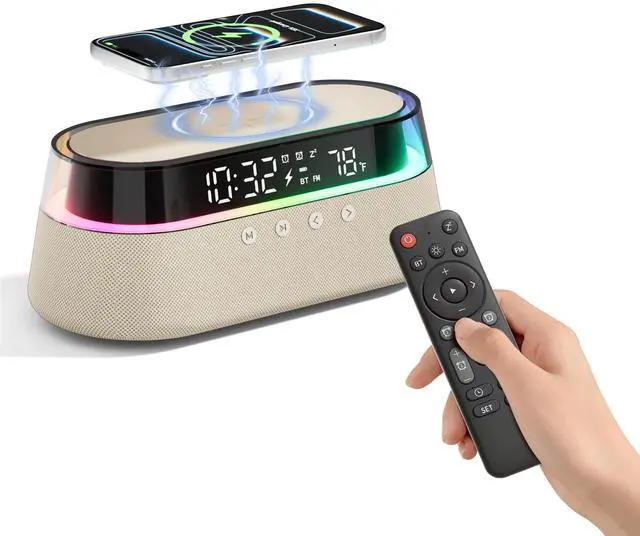 Main image of 6-in-1 Bluetooth Speaker Alarm Clock with Remote, 15W Fast Wireless Charger, FM Radio & Dimmable LED Night Light, Dual Digital Clock for Bedroom Home Office, Ideal Gifts for Him, Men Women