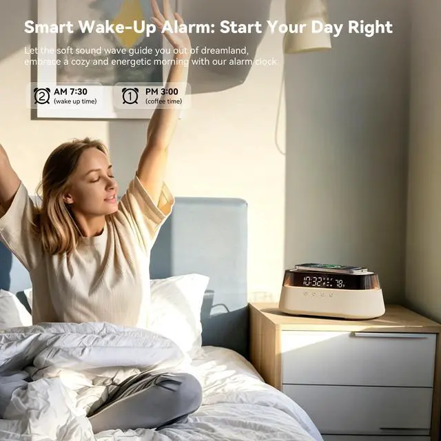 Alt view image 5 of 7 - 6-in-1 Bluetooth Speaker Alarm Clock with Remote, 15W Fast Wireless Charger, FM Radio & Dimmable LED Night Light, Dual Digital Clock for Bedroom Home Office, Ideal Gifts for Him, Men Women
