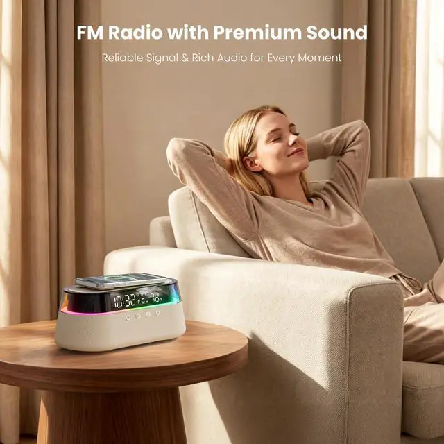Alt view image 3 of 7 - 6-in-1 Bluetooth Speaker Alarm Clock with Remote, 15W Fast Wireless Charger, FM Radio & Dimmable LED Night Light, Dual Digital Clock for Bedroom Home Office, Ideal Gifts for Him, Men Women