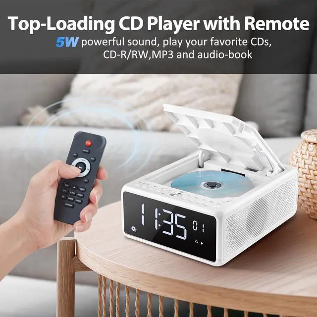 Alt view image 3 of 7 - Elegant CD Player, Alarm Clock Radio with Wireless Charging Station, FM Radio (No AM), Bluetooth Boombox with Remote, MP3/USB Music Player, Snooze & Sleep Timer CD Players for Home, AC Powered