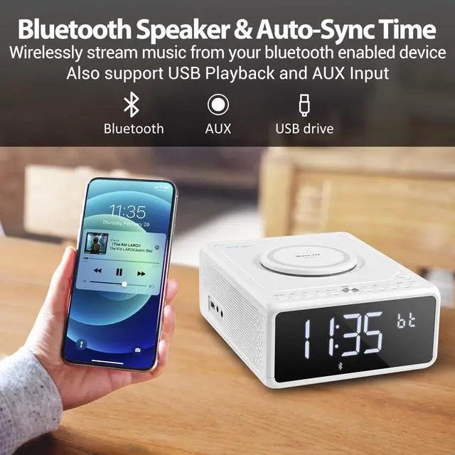Alt view image 4 of 7 - Elegant CD Player, Alarm Clock Radio with Wireless Charging Station, FM Radio (No AM), Bluetooth Boombox with Remote, MP3/USB Music Player, Snooze & Sleep Timer CD Players for Home, AC Powered