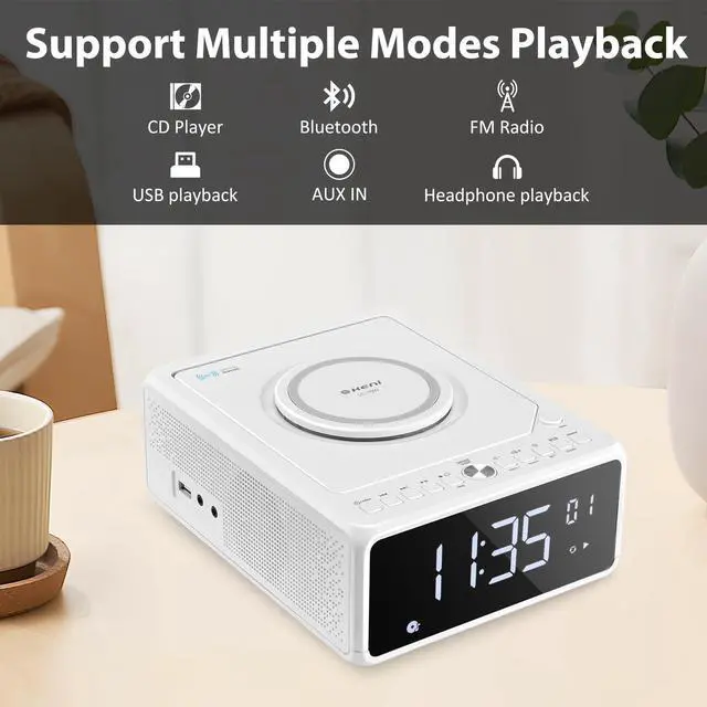 Alt view image 2 of 7 - Elegant CD Player, Alarm Clock Radio with Wireless Charging Station, FM Radio (No AM), Bluetooth Boombox with Remote, MP3/USB Music Player, Snooze & Sleep Timer CD Players for Home, AC Powered