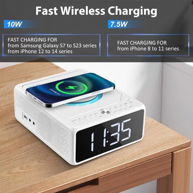 Alt view image 5 of 7 - Elegant CD Player, Alarm Clock Radio with Wireless Charging Station, FM Radio (No AM), Bluetooth Boombox with Remote, MP3/USB Music Player, Snooze & Sleep Timer CD Players for Home, AC Powered