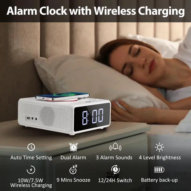 Alt view image 7 of 7 - Elegant CD Player, Alarm Clock Radio with Wireless Charging Station, FM Radio (No AM), Bluetooth Boombox with Remote, MP3/USB Music Player, Snooze & Sleep Timer CD Players for Home, AC Powered