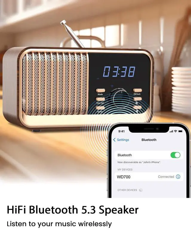 Alt view image 2 of 7 - Alarm Clock Radio with Fast Wireless Charging,Support Bluetooth 5.3/FM Radio/USB Port/TF Card/Aux in,8W Stereo Sound Speaker,Snooze,Hands-Free Calling,Dimmable Clock Radios for Bedroom