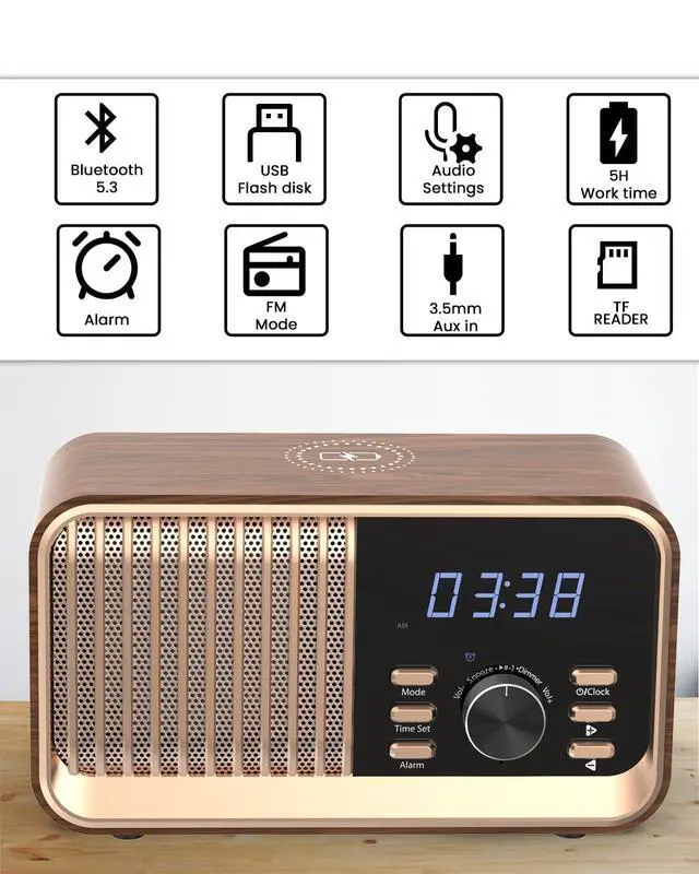 Alt view image 6 of 7 - Alarm Clock Radio with Fast Wireless Charging,Support Bluetooth 5.3/FM Radio/USB Port/TF Card/Aux in,8W Stereo Sound Speaker,Snooze,Hands-Free Calling,Dimmable Clock Radios for Bedroom