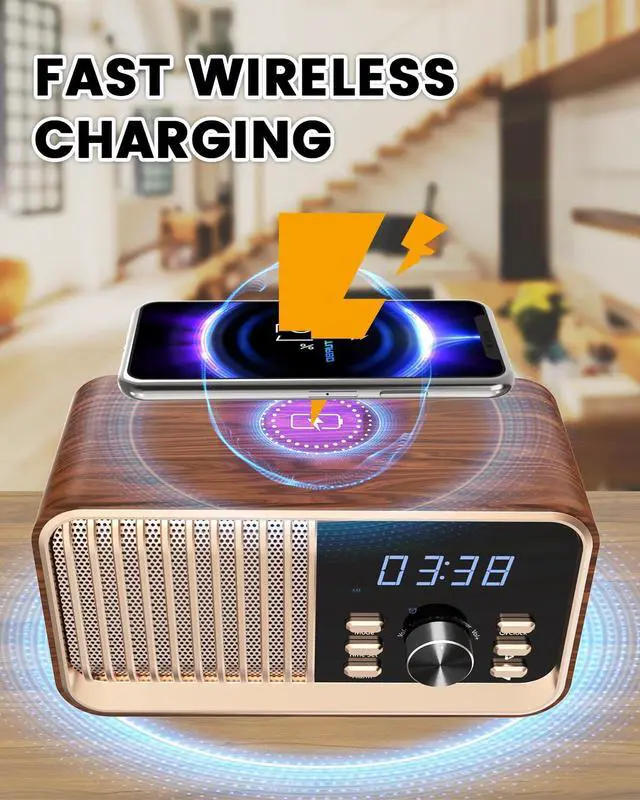 Alt view image 5 of 7 - Alarm Clock Radio with Fast Wireless Charging,Support Bluetooth 5.3/FM Radio/USB Port/TF Card/Aux in,8W Stereo Sound Speaker,Snooze,Hands-Free Calling,Dimmable Clock Radios for Bedroom