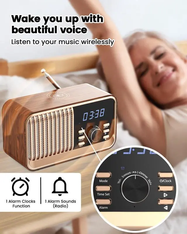 Alt view image 4 of 7 - Alarm Clock Radio with Fast Wireless Charging,Support Bluetooth 5.3/FM Radio/USB Port/TF Card/Aux in,8W Stereo Sound Speaker,Snooze,Hands-Free Calling,Dimmable Clock Radios for Bedroom