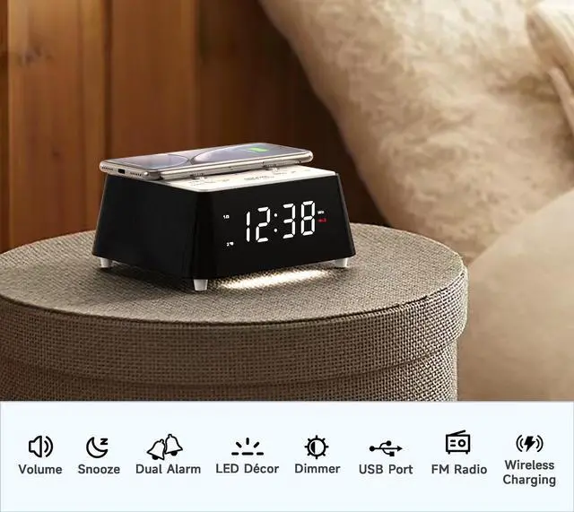 Alt view image 2 of 7 - Wireless Charging Alarm Clock Radio with Bluetooth Speaker, Bedside FM Radio, Dual Alarm with Snooze, USB Charging, Night Light and Dimmable Display 205