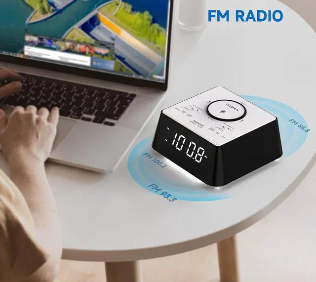 Alt view image 5 of 7 - Wireless Charging Alarm Clock Radio with Bluetooth Speaker, Bedside FM Radio, Dual Alarm with Snooze, USB Charging, Night Light and Dimmable Display 205