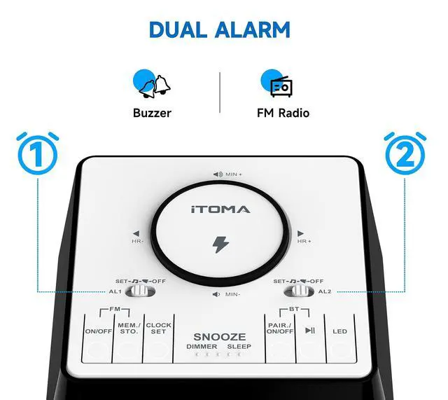 Alt view image 4 of 7 - Wireless Charging Alarm Clock Radio with Bluetooth Speaker, Bedside FM Radio, Dual Alarm with Snooze, USB Charging, Night Light and Dimmable Display 205