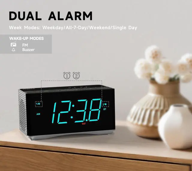 Alt view image 3 of 7 - Alarm Clock Radio-Bluetooth Stereo Speakers,FM Radio,Dual Alarm,Snooze,Brightness Dimmer,USB Charging, Alarm Clock for Bedroom Office 3501