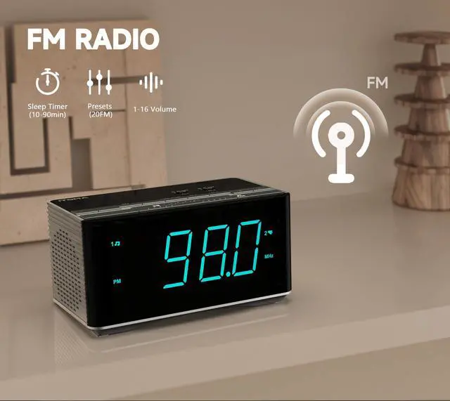 Alt view image 4 of 7 - Alarm Clock Radio-Bluetooth Stereo Speakers,FM Radio,Dual Alarm,Snooze,Brightness Dimmer,USB Charging, Alarm Clock for Bedroom Office 3501