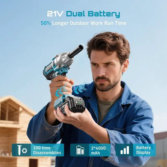 Alt view image 4 of 7 - Impact Wrench 665 FT-LBS(900N.m) 3300IPM 1/2 Impact Gun High Torque Electric Impact Driver Cordless Impact Wrench with 21V 2x4.0Ah Battery 6 Sockets&Case for Home Car Tire Lug Nut Removal Tool