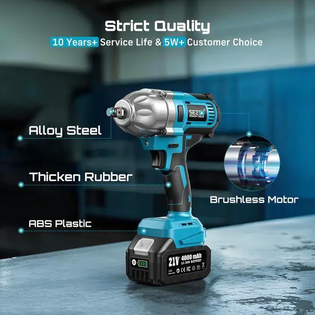 Alt view image 7 of 7 - Impact Wrench 665 FT-LBS(900N.m) 3300IPM 1/2 Impact Gun High Torque Electric Impact Driver Cordless Impact Wrench with 21V 2x4.0Ah Battery 6 Sockets&Case for Home Car Tire Lug Nut Removal Tool