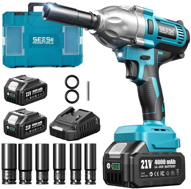 Main image of Impact Wrench 665 FT-LBS(900N.m) 3300IPM 1/2 Impact Gun High Torque Electric Impact Driver Cordless Impact Wrench with 21V 2x4.0Ah Battery 6 Sockets&Case for Home Car Tire Lug Nut Removal Tool
