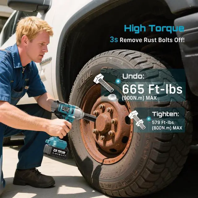 Alt view image 2 of 7 - Impact Wrench 665 FT-LBS(900N.m) 3300IPM 1/2 Impact Gun High Torque Electric Impact Driver Cordless Impact Wrench with 21V 2x4.0Ah Battery 6 Sockets&Case for Home Car Tire Lug Nut Removal Tool