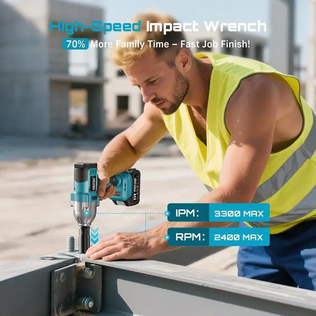 Alt view image 3 of 7 - Impact Wrench 665 FT-LBS(900N.m) 3300IPM 1/2 Impact Gun High Torque Electric Impact Driver Cordless Impact Wrench with 21V 2x4.0Ah Battery 6 Sockets&Case for Home Car Tire Lug Nut Removal Tool