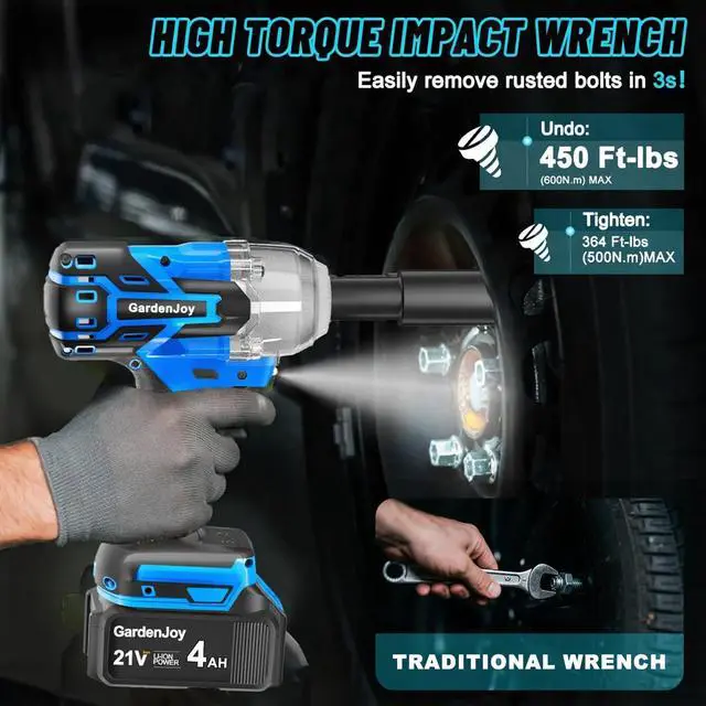 Alt view image 4 of 7 - Impact Wrench,1/2" Cordless Impact Gun Max Torque 450 Ft-lbs (600N.m),Cordless Impact Wrench 4.0Ah Battery & 4 Sockets with Fast Charger for Car Tire Lug Nut Removal Tool