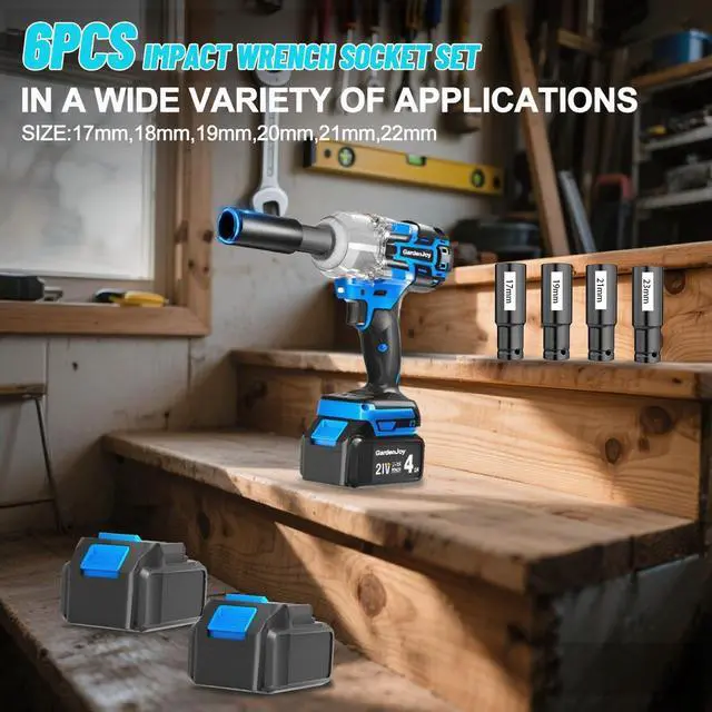 Alt view image 6 of 7 - Impact Wrench,1/2" Cordless Impact Gun Max Torque 450 Ft-lbs (600N.m),Cordless Impact Wrench 4.0Ah Battery & 4 Sockets with Fast Charger for Car Tire Lug Nut Removal Tool
