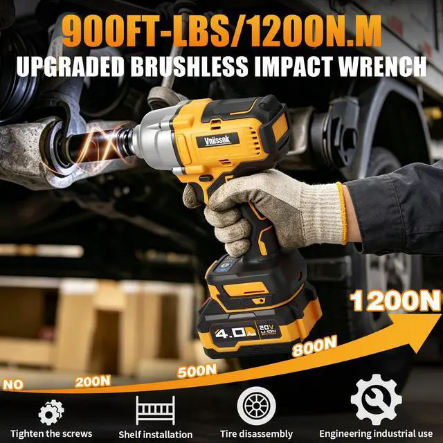 Alt view image 2 of 7 - Cordless Impact Wrench, 900Ft-lbs (1200N.m) 1/2" Brushless Impact Gun with 2x 4.0Ah Battery, Fast Charger & 3 Sockets, High Torque Power Impact Driver Ideal for Car, DIY, and Truck RV/Mower (1200N.m)