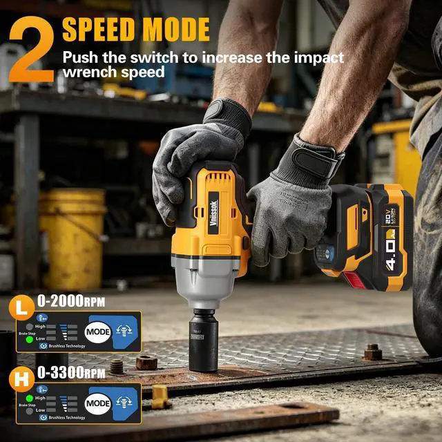 Alt view image 6 of 7 - Cordless Impact Wrench, 900Ft-lbs (1200N.m) 1/2" Brushless Impact Gun with 2x 4.0Ah Battery, Fast Charger & 3 Sockets, High Torque Power Impact Driver Ideal for Car, DIY, and Truck RV/Mower (1200N.m)